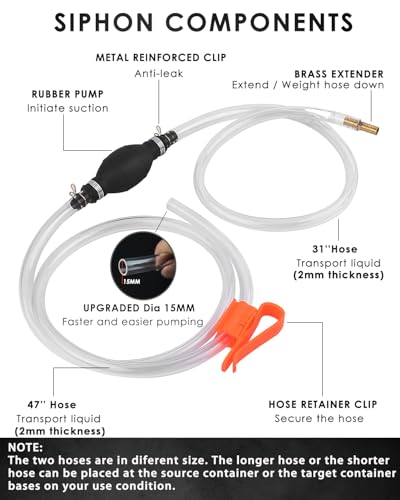 KATUMO Siphon Pump, Upgraded 15MM Enlarged Caliber Gasoline Siphon Hose Siphon Fuel Hand Pump for Gasoline, Oil, Diesel & Water with Hoses, Pinch Clips, Hose Retainer, Brass Extender