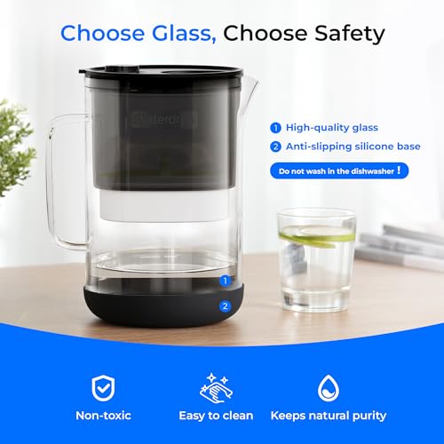Waterdrop PT-09BL 10-Cup Large Glass Water Filter Pitcher, Eco-Friendly, NSF/ANSI 53, 42 & 372 Certified Filter, Reduces PFOA/PFOS, Chlorine, Cadmium, Copper & Mercury, BPA-Free, Easy to Clean, Black - color: Black, style: Basic