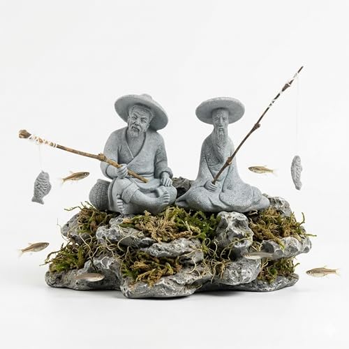 LIYAOLI 2 PCS Mini Fisherman Statue for Aquarium Decor - Sandstone Japanese Fishing Figurine, Fish Tank Ornament, Zen Garden Sculpture & Home Decoration - color: 2 Pcs Fisherman