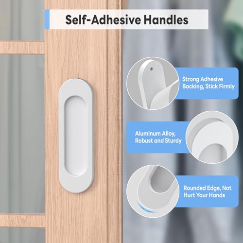 2 Pack Self Stick Sliding Door Handles, Aluminum Alloy 4 Inch Self Adhesive Cabinet Knobs for Push-Pull Glass Barn Doors, Closets, Wardrobes, Windows (2, White) - color: White