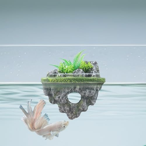 Floating Island Fish Tank Decorations – Aquarium Decor with Hideout Tunnel, Betta Fish and Shrimp Cave, PVC Aquarium Accessory with Artificial Plants - size: Large