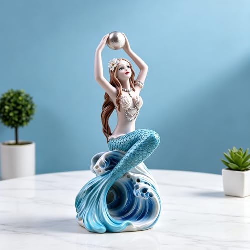 Rayberro 7.48" Mermaid Figurine Resin Mermaid Sculpture Mediterranean Princess Statue Home Office Desktop Ornaments Bookshelf Decor Mermaid Collectible Crafts Fish Tank Aquarium Decoration - color: Blue Hold Pearl