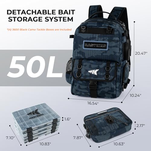 KastKing BaitSpace Fishing Tackle Backpack with Removable Bait Binder,2 Rod Holders Storage Fishing Gear and Equipment - color: C: Blue Camo (With (4) 3600 Tackle Boxes)