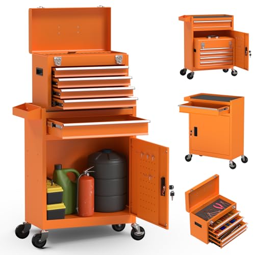5-Drawer High Capacity Rolling Tool Chest, Removable Cabinet Storage Tool Box with Wheels and Drawers, Detachable Toolbox with Lock for Mechanics Garage Workshop and Tool Room (Orange) - color: Orange