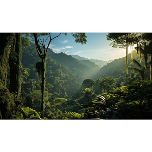 Tropical Aquarium Background Rainforest Jungle Style Terrarium Backdrop Blue Sky Forest Lush Tropical Plants Sunlight Fish Tank Background Reptile Habitat Backdrop Decor Vinyl 24x12in - color: Leaf Dark Green, size: 24(W)x12(H)inches/ 60(W)*30cm(H)