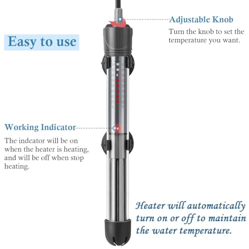HITOP 100W Adjustable Aquarium Heater, Submersible Fish Tank Heater Thermostat with Suction Cups for 12-30Gal - size: 8.8in-100w