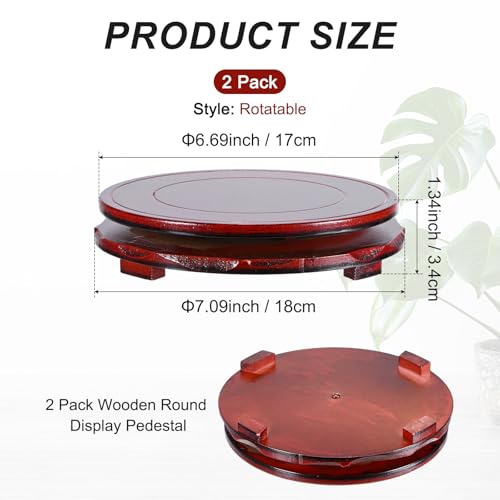 M METERXITY 2 Pack Display Stand, Brown Wooden Stands for Display, Stable Round Base Stand Decor for Fishbowl Planter [Rotation, 6.69'' x 1.34''] - size: 6.69'' Top Diameter