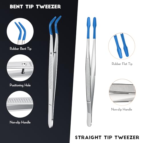 2 Piece Tweezers with Rubber Tips Set - Bent and Straight Flat Tips Tweezers PVC Coated for Stamp Coins Jewelry Crafts, Electronics(Silver, Blue) - color: Silver, Blue
