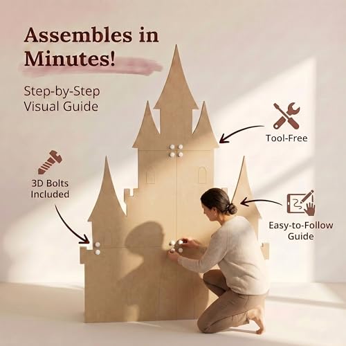 Jess and Jessica Wooden Fairytale Castle Decor 80 Inches Tall x 56 Inches Wide -Unfinished Wooden Cutouts for Crafts, Large MDF Unfinished Wood Cutouts for Wall Decor or Kids Nursery, 5pc w/Stand - style: With Stand