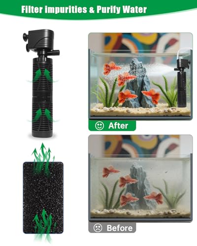 20W Submersible Aquarium Filter for 50–120 Gallon Fish Tanks, Quiet Operation Internal Pump, Energy Efficient, Easy to Install & Maintain, for Freshwater or Saltwater, Comes with Sponge Filter - size: 20W for 40-50 Gallon Tanks