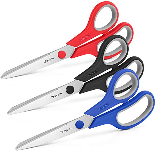 Scissors, iBayam 8" All Purpose Scissors Bulk 3-Pack, Ultra Sharp 2.5mm Thick Blade Shears Comfort-Grip for Office Desk Accessories Sewing Fabric Home Craft School Supplies, Right/Left Handed - color: Red, Black, Blue, size: 3-Pack