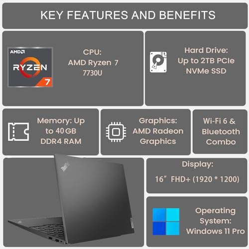 Lenovo ThinkPad E16 Gen 1 Business Laptop, 16" FHD+ Display, AMD Ryzen 7 7730U, 24GB RAM, 1TB SSD, Backlit Keyboard, Fingerprint Reader, HDMI, RJ-45, Wi-Fi 6, Windows 11 Pro, Black - size: 24GB RAM | 1TB SSD