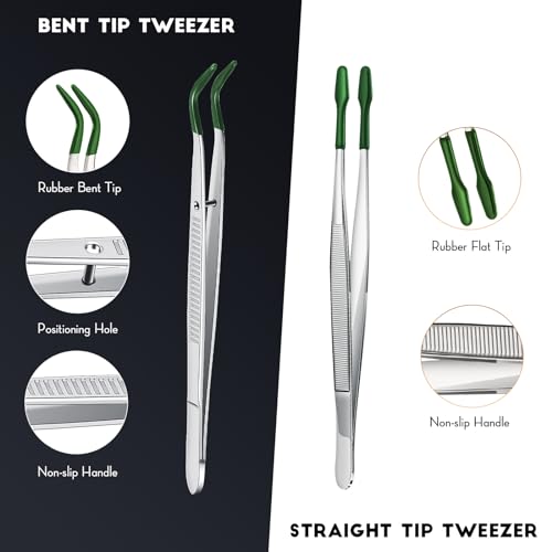 2 Piece Tweezers with Rubber Tips Set - Bent and Straight Flat Tips Tweezers PVC Coated for Stamp Coins Jewelry Crafts, Electronics(Silver, Green) - color: Silver, Green