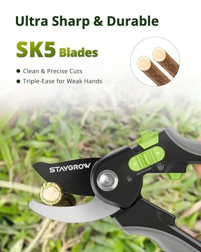 Pruning Shears for Gardening,8.5" SK5 Garden Shears Cuts 10000+ Times Staying Sharp, Garden Scissors with One-handed Unlocking&Adjustable Handle, Garden Clippers Gardening Tools for Men Women - style: 8.5" Bypass
