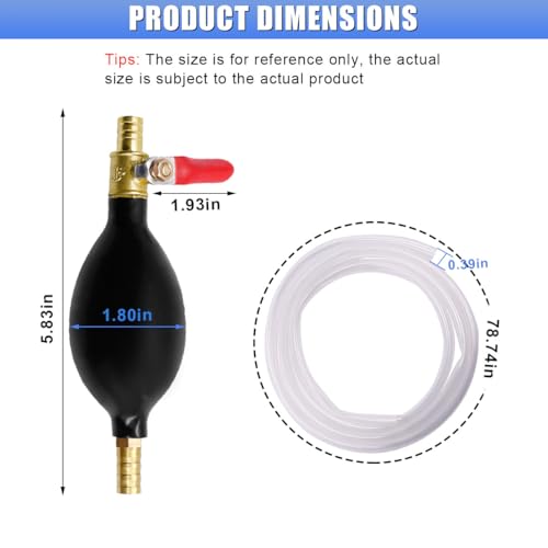 Gasoline Siphon Hose Pump, Manual Fuel Transfer Pump with 6.5FT PVC Gas Siphon Hose & Rubber Ball, Portable Hand Sucker Pump for Water Gasoline Oil Petrol Diesel Exchange (10MM)