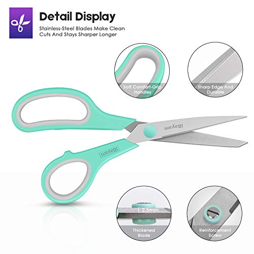 Scissors, iBayam 8" All Purpose Scissors Bulk 3-Pack, Ultra Sharp 2.5mm Thick Blade Shears Comfort-Grip for Office Desk Accessories Sewing Fabric Home Craft Teacher School Supplies, Right/Left Handed - color: Mint, Grey, Purple, size: 3-Pack