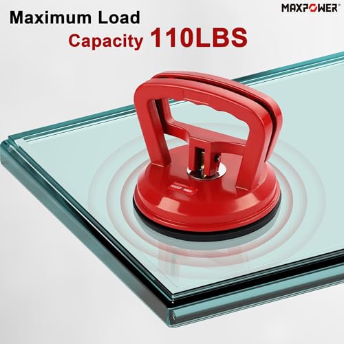 MAXPOWER Glass Suction Cups, 2-Piece Aluminum Vacuum Suction Cup Lifter for Replace Windshield Tile Marble Floor, 110 Lbs Load Capacity, 4.7" Suction Pad