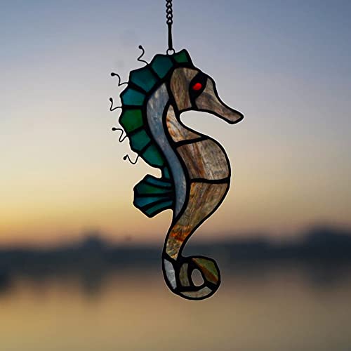Seahorse Decor Stained Glass Window Hanging,Sea Nautical Gift Suncatcher Hanging Ocean Theme Decor for Living Room,Bathroom,Kitchen,Birthday Gifts for Mom,Women - color: P
