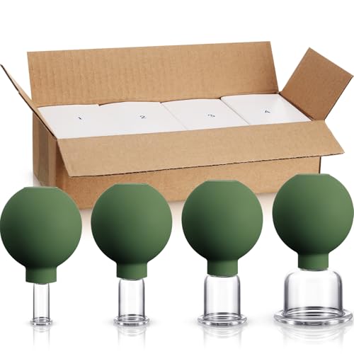 BBTO 4 Pcs Glass Facial Cupping Set Silicone Vacuum Suction Massage Cups Skin Tightening Therapy for Face Body Eyes Back Shoulder Pain(Military Green) - color: Military Green