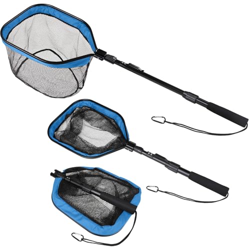 Yeahmart Floating Fishing Landing Net for Fresh & Saltwater, Foldable Telescopic Pole with Rubber Coated Mesh, Portable Collapsible Fish Net Gear for Kayak Boat Trout Bass, Blue, 31.5/39.3/47.2 inch - size: 39.3" Total Length (Telescopic Handle)