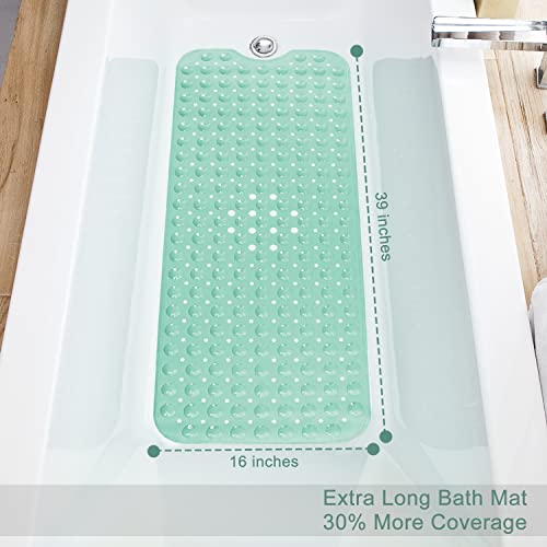 TEESHLY Bath Tub and Shower Mats, Non-Slip 39 x 16 Inch Extra Long Bathtub Mat, Machine Washable BathMat with Drain Holes, Suction Cups for Bathroom (Opaque Pale Green) - color: Opaque Pale Green