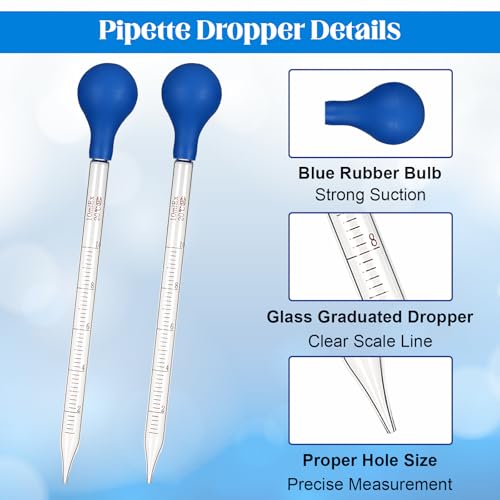 3Pcs Glass Pipettes Dropper, 10ml Graduated Liquid Dropper with Rubber Bulb for Laboratory, Medicine, School, Food, Research