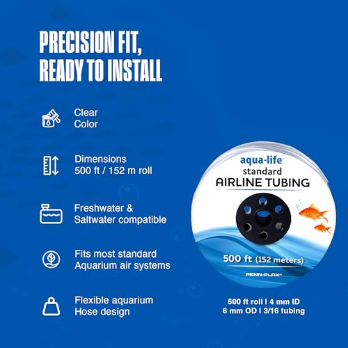 Penn-Plax Aqua-Life Standard Airline Tubing - 3/16 Inch Flexible Airline Hose for Aquarium Pumps, Fish Tank Line for Air Stones & Filters - Safe for Freshwater & Saltwater - 500 ft Long, Clear - size: 500 Feet, style: Plastic
