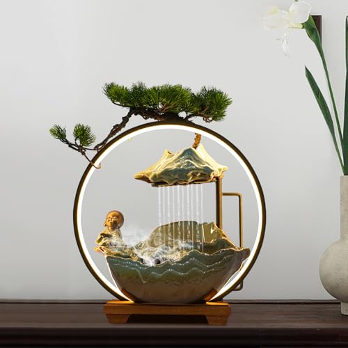 Buddha Water Fountain Indoor, Zen Monk Tabletop Water Fountain with Mist, LED Light and Backflow Incense Holder, for Home Decor, Office Decor, Yoga Meditation - size: F