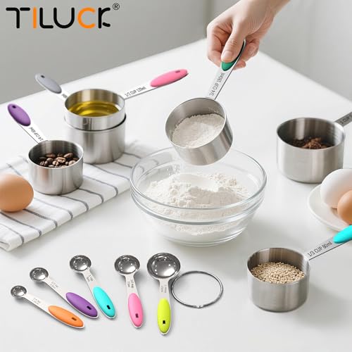 TILUCK Nesting Measuring Cups and Spoons Set, Stainless Steel with Soft Silicone Handle – Heavy Duty & Dishwasher Safe for Measuring Dry/Liquid Ingredients, Ideal for Cooking & Baking (10)