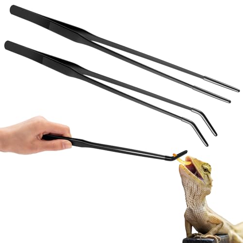 Lasnten 2 Pcs Extra Long Stainless Steel Reptile Feeding Tongs with Rubber Tip 10 Inch, 10.5 Inch Bearded Dragon Aquarium Straight and Curved Long Tweezer Terrarium Feeder Tool for Tank(Black) - color: Black, size: 10 Inch, 10.5 Inch