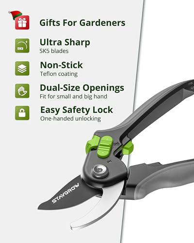 Pruning Shears for Gardening,8.5" SK5 Garden Shears Cuts 10000+ Times Staying Sharp, Garden Scissors with One-handed Unlocking&Adjustable Handle, Garden Clippers Gardening Tools for Men Women - style: 8.5" Bypass
