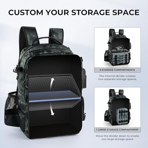 KastKing BaitSpace Fishing Tackle Backpack with Removable Bait Binder,2 Rod Holders Storage Fishing Gear and Equipment - color: F: Black Camo（Without tackle box）