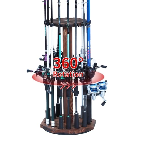 360° Rotating Natural Wood Fishing Rod Holder, Round Floor-Standing Fishing Rack Stores 16 Rods, Fishing Pole Storage Organizer for Garage, Basement, or Shed, Easy to Install - color: Brown, size: Round