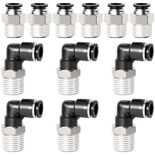 TAILONZ PNEUMATIC Elbow and Straight Combination 1/4 Inch Tube OD x 3/8 Inch NPT Thread Push to Connect Fittings PC-1/4-N3+PL-1/4-N3(Pack of 12) - size: 1/4"OD x 3/8"NPT