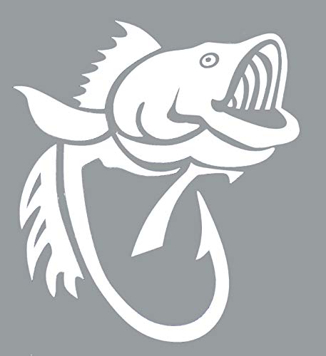 WickedGoodz Bass Fish Hook Vinyl Decal Transfer - Fishing Sticker - Gold, White, or Black 5" and 8" (White, 8") - color: White, size: 8"