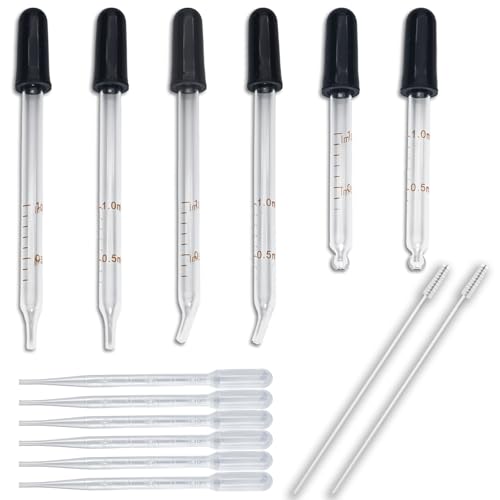 Zkupanx 6 PCS 1 mL Glass Eye Droppers with Clean Brush for Essential Oils, Lab, Health Care, Crafts - Glass Dropper, Eye Dropper, 1mL Pipettes Dropper, Medicine Dropper - size: 1mL Glass Dropper Kit