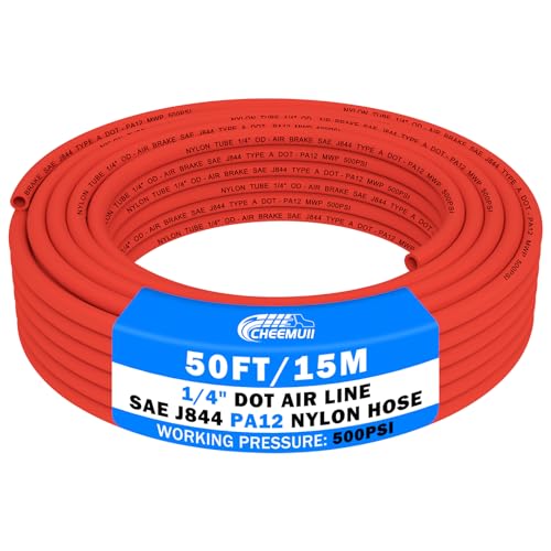 CheeMuii 50 FT 1/4" DOT Air Line Red 1/4 PA12 Nylon Pneumatic Tubing 15.2 Meter 1/4 Inch OD Pneumatic Air Tubing Pipe Hose Line for Semi Truck Trailer or Industrial Air System - color: Red, size: 1/4"OD-50FT