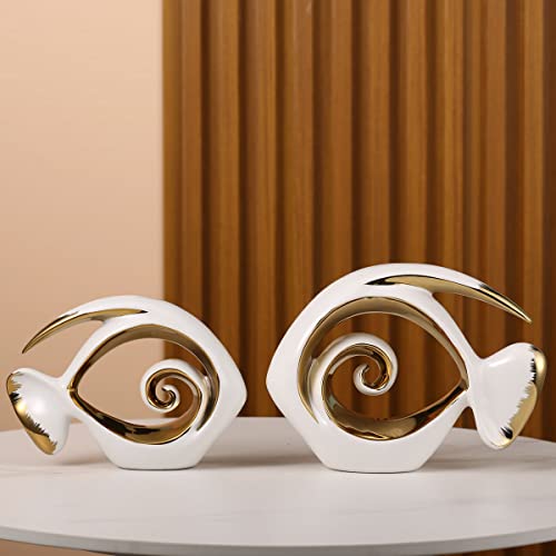 White Gold Ceramic Fish Figurines - Coastal Home Decor, Modern Ocean Centerpieces for Living Room, Dining Area, Bathroom, Office, Coffee Table, Beach House, Nautical, Seaside, Entrance, Shelf Display - color: White, size: Small