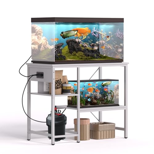 BEURUKU 40-50 Gallon Fish Tank Stand With Power Outlet & LED Light, Metal Aquarium Stand, 3 Tier Adjustable Storage Shelves for Reptile, Turtle, 36" L*18.5" W, White - color: White, size: 40-50 Gallon