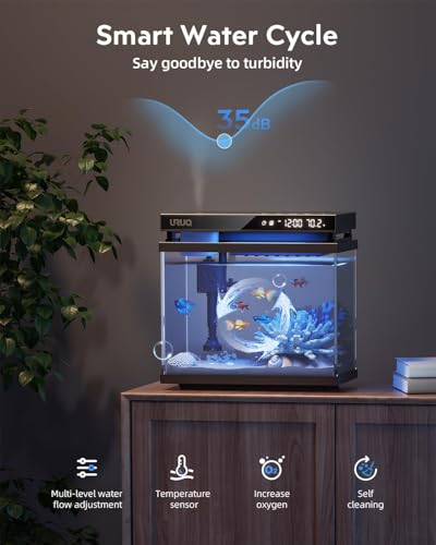 Fish Tank Smart Aquarium Kit: 2 Gal UHD Glass Silent Water Pump Self Cleaning System Temperature Monitoring Essential Oil Diffuser with Humidifier 7 Color Lights Multi-Layer Filtration System - Black - color: Black