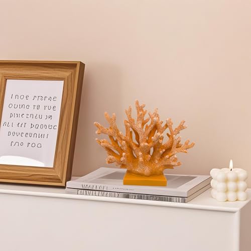 5.8" H Orange Coral Decor - Resin Coral Statue, Nautical Decor for Home, Bedroom, Bathroom, Living Room, Ocean Themed Cabinet Shelf Tabletop Decoration - color: Orange, size: 5.83"H