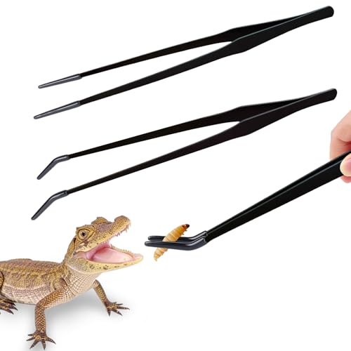 2 Pack Stainless Steel Reptile Feeding Tongs with Rubber Tip, 10.6" Straight & Curved Tweezers, for Aquarium or Craft, Planted Tank, Terrarium Tank, Feeder for Beard Dragons, Lizard and Snakes, Black - color: 10.6"Black