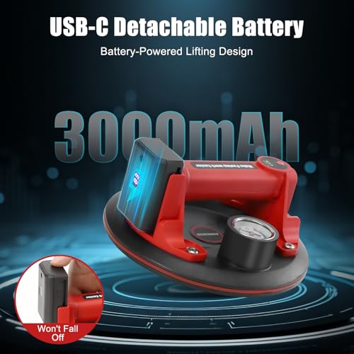 DEWINNER 8" Electric Vacuum Suction Cup with Pressure Gauge,Heavy Duty Glass Lifter,Industrial Strength Suction Cup,Auto Start Pump for Glass,Granite,Tile,Metal,300KG/660LBS Load Capacity - color: Red2 with 2 batteries