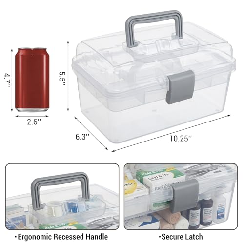 MyGift 10.2 Inch Transparent Plastic Empty Multipurpose Tackle Box with Gray Handle and Removable Tray for Tools, First Aid, Sewing Kit, Arts Crafts Supplies Storage