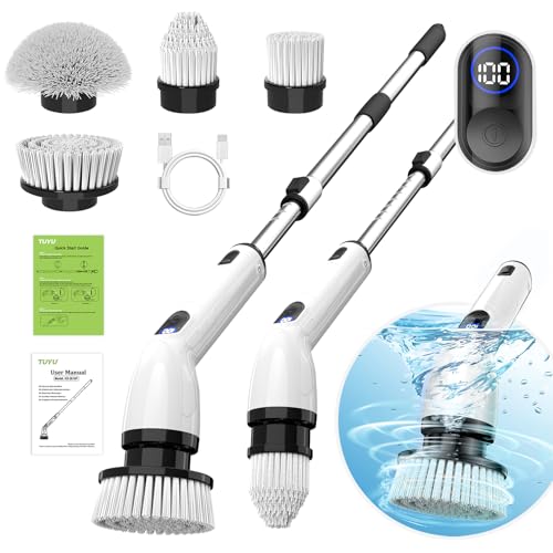 Electric Spin Scrubber, Full-Body IPX7 Waterproof Bathroom Scrubber with Power LCD Display, Adjustable Extension Handle, Cordless Shower Cleaner Brush for Bathtub Kitchen Wall Cleaning - color: Black