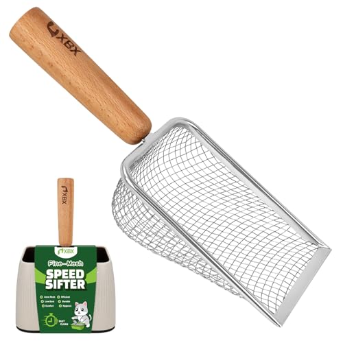 XBX Cat Litter Scoop with Holder, Metal Mesh Litter Scoop with Beech Wood Grip,Stainless Steel Litter Scooper with Fine Holes, Easy Sifting Litter Box Cleaning Tool