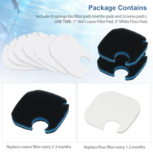 Replacement Canister Filter Pads Compatible with AMOSIJOY、Pondforse、Coospider-repta 172/225/265GPH Aquarium External Filter, 6 White Floss and 2 3-in-1 Coarse Filter Pads with activated carbon- 8PCS
