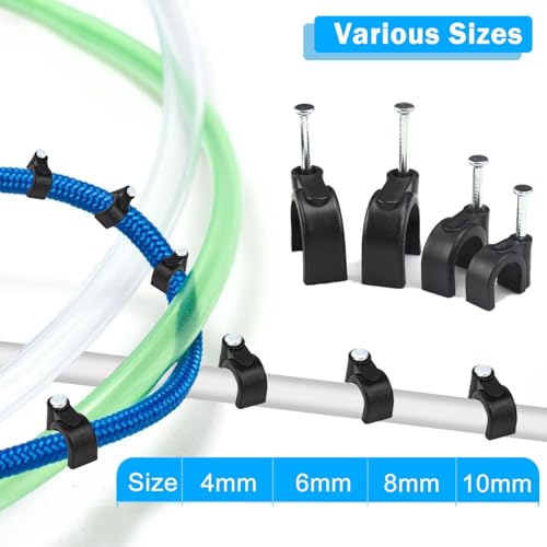 400 Pcs Black Cable Clips 4/6/8/10mm Nail in Cable Clips Cable Wire Clips Cable Tacks Coaxial Nail Clamps Cable Nails for Cords Cable Management RG6 RG59 CAT6 RJ45 Ethernet Cable Clips