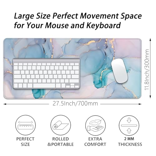 Cyan Blue Marble Desk Pad Mouse Pad,Large XL Mouse Mat with Stitched Edges,Non-Slip Rubber Base Mousepad for Office PC Keyboard Laptop and Home Work Desk Mat(27.5X11.8 in) - color: Light marble