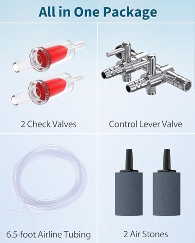 Pawfly Aquarium Air Pump 60 GPH Oxygen Pump for 20 to 60 Gallon Fish Tanks Buckets Quiet Aerator Pump Kit with Airline Tubing Control Lever Valve Air Stones and Check Valves - style: With Airline Tubing Control